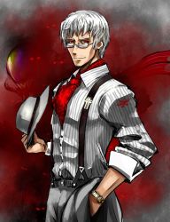 Rule 34 | 1boy, alternate costume, alternate hairstyle, antonio salieri (fate), ascot, facial hair, fate/grand order, fate (series), glasses, grey background, hat, looking at viewer, male focus, pfalz, red ascot, red eyes, silver hair, simple background, smile, solo, stubble, suspenders, watch