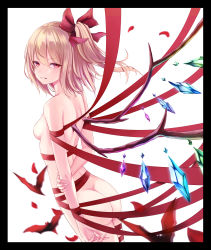 Rule 34 | 1girl, absurdres, bat (animal), blonde hair, carrot room, commentary request, completely nude, crystal, flandre scarlet, grin, hair between eyes, hair ribbon, highres, looking at viewer, looking back, medium hair, naked ribbon, nude, one side up, red eyes, red ribbon, ribbon, simple background, smile, solo, standing, touhou, v-shaped eyebrows, white background, wings