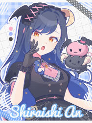 Rule 34 | 1girl, :o, berry (sanrio), black dress, black gloves, black headwear, blue background, blue hair, breasts, cherry (sanrio), commentary, dress, drop shadow, gloves, grid background, hat, head wings, highres, horns, letterboxed, long hair, looking at viewer, medium breasts, necktie, open mouth, pink necktie, plaid, plaid background, project sekai, puffy short sleeves, puffy sleeves, sanrio, shiraishi an, short sleeves, single horn, single wing, top hat, upper body, waka (wk4444), wings, yellow eyes