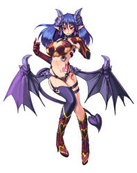 Rule 34 | 1girl, bare shoulders, blush, boots, breasts, cleavage, demon girl, demon tail, demon wings, earrings, elbow gloves, gloves, high heels, horns, jewelry, kenkou cross, large breasts, long hair, looking at viewer, midriff, monster girl, monster girl encyclopedia, navel, official art, pointy ears, purple hair, red eyes, shoes, simple background, smile, solo, succubus (monster girl encyclopedia), tail, tattoo, thighhighs, white background, wings