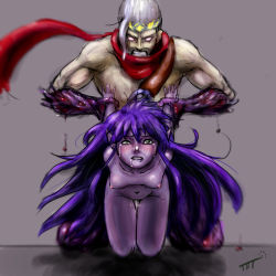 Rule 34 | 1boy, 1girl, arm held back, bent over, blush, breasts, breasts apart, clenched teeth, clothed male nude female, colored skin, crying, crying with eyes open, fucked silly, glowing, glowing eyes, grey background, hetero, interspecies, kneeling, league of legends, lip biting, long hair, lulu (league of legends), muscular, navel, nude, on floor, pointy ears, purple hair, purple skin, pussy juice, rape, red neckwear, red scarf, restrained, scarf, sex, simple background, sketch, small areolae, small breasts, small nipples, tears, teeth, thigh gap, varus, very long hair, white hair, yellow eyes