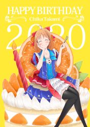 Rule 34 | 1girl, artist name, artist request, black legwear, blue dress, blush, bow, braid, breasts, cake, closed eyes, collarbone, crown braid, dress, female focus, food, fork, frilled dress, frills, fruit, hair bow, hand on own cheek, hand on own face, heart, heart print, highres, hokke illust, holding, holding fork, looking at viewer, love live!, love live! school idol festival, love live! sunshine!!, nail polish, one more sunshine story, orange (fruit), orange hair, parted lips, puffy short sleeves, puffy sleeves, red bow, red skirt, short hair, short sleeves, skirt, small breasts, smile, solo, takami chika, yellow background