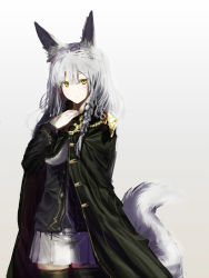 Rule 34 | 1girl, animal ears, braid, cape, fox ears, fox tail, grey background, hair over shoulder, hand on own chest, highres, inabi, jacket, long hair, looking at viewer, original, pleated skirt, silver hair, single braid, skirt, solo, tail, thighhighs, yellow eyes