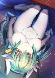 Rule 34 | breasts, breasts apart, closed mouth, covered erect nipples, fate/grand order, fate (series), green hair, horns, iro ame (amewaagada), kiyohime (fate), large breasts, light particles, long hair, looking at viewer, lying, on back, see-through, shiny clothes, solo, yellow eyes