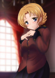Rule 34 | 1girl, black skirt, blue eyes, blurry, blurry background, braid, closed mouth, commentary, cowboy shot, depth of field, epaulettes, girls und panzer, hands on own chest, inaka pan, indoors, jacket, long sleeves, looking at viewer, military, military uniform, miniskirt, orange hair, orange pekoe (girls und panzer), parted bangs, pleated skirt, red jacket, short hair, skirt, smile, solo, st. gloriana&#039;s military uniform, standing, twin braids, uniform