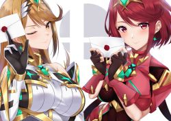 Rule 34 | 2girls, black gloves, blonde hair, breasts, chest jewel, dress, dual persona, earrings, elbow gloves, envelope, female focus, fingerless gloves, gloves, headpiece, highres, jewelry, large breasts, long hair, matching hair/eyes, multiple girls, mythra (massive melee) (xenoblade), mythra (xenoblade), nintendo, one eye closed, pyra (xenoblade), red eyes, red hair, short dress, short hair, smash invitation, super smash bros., super smash bros. logo, swept bangs, tiara, very long hair, white gloves, wink, xenoblade chronicles (series), xenoblade chronicles 2, yellow eyes, yuuki shin