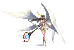 Rule 34 | 1girl, angel, angel wings, anklet, armlet, bad id, bad pixiv id, barefoot, bracelet, breasts, bud, center opening, coin (ornament), crossed legs, feathered wings, feet, floating hair, fringe trim, full body, hair ornament, head wings, holding, holding staff, jewelry, kws, large breasts, long hair, low wings, multiple wings, necklace, original, plant, ring, sash, shade, simple background, sleeveless, solo, staff, standing, thighlet, tiptoes, toe ring, vambraces, vines, watson cross, white background, white wings, wings, yellow wings