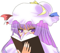 Rule 34 | 1girl, book, crescent, female focus, frills, hane (hanegoya), hat, holding, holding book, long hair, looking at viewer, mob cap, open book, patchouli knowledge, peeking, purple eyes, purple hair, shaded face, simple background, solo, touhou, very long hair, white background