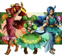 Rule 34 | 3girls, :d, ahoge, arms up, bangle, blue eyes, blue hair, blue skirt, book, bracelet, breasts, brown footwear, chabo tatumi, circlet, cleavage, dark-skinned female, dark skin, din, double bun, dress, farore, feet, food, fruit, green dress, green eyes, green hair, hair bun, hair ornament, highres, jewelry, long hair, medium breasts, multiple girls, nayru, neck ring, necklace, nintendo, open mouth, parted lips, pointy ears, ponytail, puffy short sleeves, puffy sleeves, red dress, red eyes, red hair, sandals, shoes, short hair, short sleeves, skirt, sleeveless, sleeveless dress, smile, standing, the legend of zelda, the legend of zelda: oracle of ages, the legend of zelda: oracle of seasons, toes