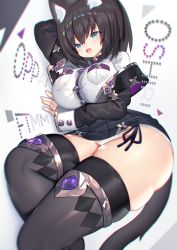 Rule 34 | 1girl, animal ear fluff, animal ears, arm support, ass, black hair, black thighhighs, blue eyes, bottomless, breast pocket, breasts, cat ears, cat girl, cat tail, chromatic aberration, curvy, dress shirt, female focus, hair between eyes, highres, huge ass, large breasts, looking at viewer, lying, mamuru, on side, open mouth, original, panties, pantyshot, pocket, shirt, skindentation, smile, solo, tail, thick thighs, thighhighs, thighs, underwear, upskirt, white panties, white shirt, wide hips