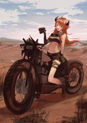 Rule 34 | 1girl, absurdres, arknights, bandeau, binoculars, black bandeau, black shorts, braid, cloud, cloudy sky, cow horns, croissant (arknights), croissant (seeker) (arknights), day, desert, fang, goggles, green eyes, highres, holding, holding binoculars, horns, long hair, midriff, motor vehicle, motorcycle, natsuba002, navel, official alternate costume, open mouth, orange hair, outdoors, shorts, sky, solo