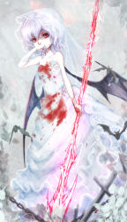 Rule 34 | 1girl, alternate costume, bare arms, bare shoulders, bat (animal), bat wings, blood, blood on clothes, blue hair, bridal veil, chain, collarbone, dress, highres, hoshibuchi, looking at viewer, red eyes, remilia scarlet, shaded face, silver hair, solo, spear the gungnir, strapless, strapless dress, touhou, veil, wedding dress, white dress, wings