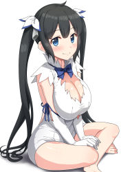 Rule 34 | barefoot, bell, black hair, blue bow, blue bowtie, blue eyes, blunt bangs, bow, bowtie, breasts, cleavage, cleavage cutout, clothing cutout, dress, dungeon ni deai wo motomeru no wa machigatteiru darou ka, feet, hair bell, hair ornament, hair ribbon, hestia (danmachi), highres, large breasts, on floor, ribbon, shiny skin, simple background, sitting, sleeveless, sleeveless dress, smile, solo, thighs, twintails, white background, white dress