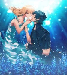 Rule 34 | 10s, 1boy, 1girl, aosora aoi, bad id, bad pixiv id, black hair, blonde hair, dress, eye contact, closed eyes, final fantasy, final fantasy xv, hair down, hand on another&#039;s face, looking at another, lunafreya nox fleuret, noctis lucis caelum, spiked hair, spoilers, tears, white dress