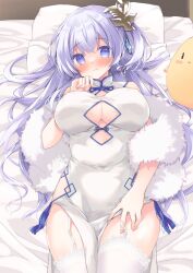 Rule 34 | 1girl, azur lane, bird, blush, breasts, chick, china dress, chinese clothes, closed mouth, clothing cutout, commission, covered navel, dress, fur shawl, garter straps, hair ornament, highres, lace, lace-trimmed thighhighs, large breasts, light purple hair, lying, manjuu (azur lane), official alternate costume, on back, on bed, one side up, pelvic curtain, pillow, purinpurin, purple eyes, rodney (azur lane), rodney (immaculate beauty) (azur lane), shawl, skeb commission, sweatdrop, thighhighs, twitter username, underboob, underboob cutout, white garter straps, white thighhighs