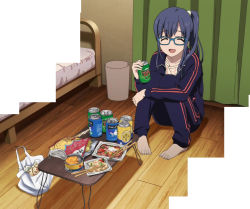 Rule 34 | 10s, alcohol, barefoot, beer, blue hair, curtains, closed eyes, feet, food, glasses, highres, imai midori, ponytail, screencap, shirobako, solo, table, track suit, wooden floor