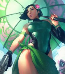 Rule 34 | 1girl, arm ribbon, black hair, blue eyes, bracelet, breasts, commentary, contrapposto, day, detached sleeves, english commentary, eyeshadow, flower, from below, gloves, green one-piece swimsuit, gun, hair flower, hair ornament, handgun, highres, jeremy anninos, jewelry, large breasts, lips, lipstick, makeup, nose, one-piece swimsuit, parasol, pearl bracelet, pinky out, pistol, ribbon, sarong, short hair, single detached sleeve, single glove, solo, swimsuit, tan, thighs, umbrella, valorant, viper (valorant), weapon, wet