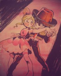 Rule 34 | 1boy, 1girl, aiguillette, bare shoulders, belt, blonde hair, blue eyes, boots, bow, brown eyes, colored pencil (medium), couple, dancing, dress, dress bow, elbow gloves, eye contact, fake horns, gloves, gold trim, hair bun, hairband, hand grab, hat, heart, heart cheeks, heart print, highres, horned headwear, horns, interlocked fingers, jacket, looking at another, looking to the side, marco diaz, mariachi, marker (medium), mask, masked, matador, melon (melon cream soda), necktie, open mouth, pink dress, short dress, short necktie, sidelocks, single hair bun, single strap, skull mask, sombrero, star butterfly, star vs the forces of evil, thigh boots, thighhighs, traditional media, wavy hair