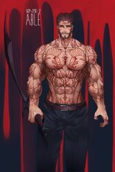 Rule 34 | 1boy, abs, bara, beard, belt, black background, blood, dobek k, facial hair, feet out of frame, full-body tattoo, highres, holding, holding sword, holding weapon, large pectorals, leather, leather belt, looking at viewer, male focus, manly, mature male, muscular, muscular male, pants, pectorals, red eyes, red hair, scp-076-2, scp foundation, short hair, simple background, solo, spiked hair, sword, tattoo, thick arms, topless male, weapon