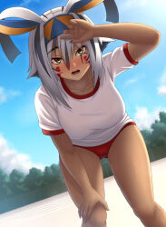 Rule 34 | 1girl, animal ears, antenna hair, black hair, blue sky, breasts, buruma, chuppa (katotsuba), colored inner hair, commentary request, dark-skinned female, dark skin, facepaint, facial mark, fate/grand order, fate (series), hairband, jackal ears, leaning forward, looking at viewer, medium breasts, multicolored hair, nitocris (fate), nitocris alter (fate), open mouth, red buruma, shirt, short hair, short sleeves, sidelocks, sky, solo, streaked hair, thighs, white hair, white shirt, yellow eyes