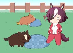 Rule 34 | 1girl, ?, admire japan (racehorse), animal ears, brown hair, commentary, creature and personification, ear ornament, eyepatch, fence, gomashio (goma feet), grass, hair over one eye, hand in pocket, head on pillow, horse, horse ears, horse girl, horse tail, kicking, long sleeves, minimized, multicolored hair, o o, one eye covered, outdoors, real life, red track suit, short hair, streaked hair, tail, tanino gimlet (racehorse), tanino gimlet (umamusume), two-tone hair, umamusume, white hair, wooden fence, yogibo
