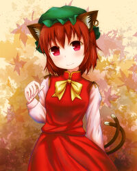 Rule 34 | 1girl, animal ear fluff, animal ear piercing, animal ears, blush, bow, bowtie, breasts, brown hair, cat ears, cat tail, chen, closed mouth, commentary request, cowboy shot, earrings, gold trim, green hat, hair between eyes, hand up, hat, head tilt, highres, jewelry, leaf, leaf background, looking at viewer, maple leaf, mob cap, multiple tails, nekomata, red eyes, red skirt, red vest, short hair, single earring, skirt, skirt set, small breasts, smile, solo, tail, touhou, two tails, vest, yellow bow, yellow bowtie, zzriixx