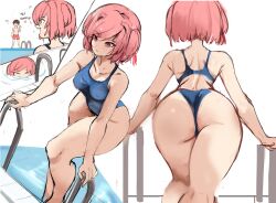 Rule 34 | 1boy, 1girl, ass, blue one-piece swimsuit, breasts, climbing ladder, competition swimsuit, covered navel, doki doki literature club, english text, from behind, from below, hair ribbon, highres, huge ass, large breasts, natsuki (doki doki literature club), one-piece swimsuit, open mouth, pink eyes, pink hair, pool, rakeemspoon, ribbon, short hair, swimsuit, two side up, wet, wide hips