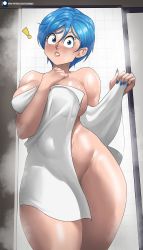 Rule 34 | 1girl, absurdres, blue hair, breasts, bulma, curvy, dragon ball, dragon ball super, echo saber, embarrassed, highres, large breasts, looking at viewer, mature female, naked towel, shiny skin, shower (place), thighs, towel, wide hips