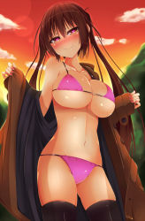 Rule 34 | 1girl, bikini, black thighhighs, blush, breasts, brown eyes, brown hair, cloud, heart, heart-shaped pupils, jacket, large breasts, long hair, nail polish, navel, open clothes, open jacket, original, pink bikini, sky, smile, solo, swimsuit, symbol-shaped pupils, thighhighs, twilight, twintails, very long hair, yahiro (anhnw)