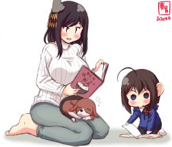 Rule 34 | 2girls, aged down, ahoge, alternate costume, artist logo, barefoot, black hair, blue eyes, blue hoodie, blush, book, braid, brown hair, child, commentary request, dated, denim, dog, drawstring, hair ornament, hair over shoulder, highres, hood, hood down, hoodie, jeans, kanon (kurogane knights), kantai collection, long sleeves, multiple girls, open mouth, pants, puppy, reading, red eyes, ribbed sweater, seiza, shigure (kancolle), short hair, simple background, single braid, sitting, sleeping, smile, socks, sweater, turtleneck, turtleneck sweater, white background, white legwear, white sweater, yamashiro (kancolle)