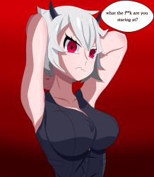 Rule 34 | 1girl, angry, armpits, censored, censored text, english text, helltaker, highres, malina (helltaker), miska, profanity, red background, red eyes, self-upload, shirt, silver hair, simple background, wavy mouth