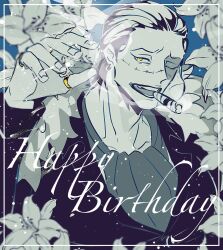 Rule 34 | 1boy, 8210o2, ascot, black hair, cigar, collared shirt, crocodile (one piece), floral background, greyscale, hair slicked back, hand up, happy birthday, highres, looking at viewer, male focus, mature male, monochrome, one eye closed, one piece, scar, scar on face, scar on nose, shirt, short hair, smoking, solo, spot color, stitches, underwear