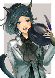Rule 34 | 1girl, absurdres, animal ears, warrior of light (ff14), black shirt, blue hair, braid, cam (cammero95713700), cat ears, cat tail, facial mark, final fantasy, final fantasy xiv, fingerless gloves, gloves, hat, unworn hat, unworn headwear, heterochromia, highres, jacket, looking at viewer, miqo&#039;te, open mouth, shirt, short ponytail, solo, tail, two-tone background, whisker markings