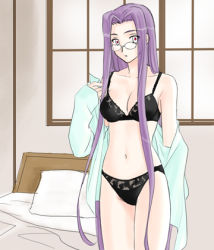 Rule 34 | 1girl, bed, black bra, black panties, boribeya, bra, fate/stay night, fate (series), glasses, lingerie, long hair, lowres, medusa (fate), medusa (rider) (fate), navel, open clothes, panties, pillow, purple hair, red eyes, solo, square pupils, underwear, undressing