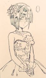 Rule 34 | ..., 10s, 1girl, artist request, bare shoulders, darling in the franxx, dress, gloves, highres, ichigo (darling in the franxx), jewelry, monochrome, necklace, short hair, simple background, solo, speech bubble, spoken ellipsis, third-party source, traditional media, wedding dress