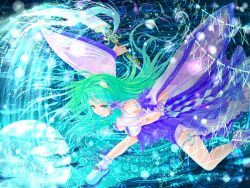 Rule 34 | 1girl, bad id, bad pixiv id, breasts, cabbaco, cleavage, detached sleeves, female focus, frog, green eyes, green hair, hair ornament, highres, japanese clothes, kochiya sanae, matching hair/eyes, miko, outdoors, sky, snake, solo, touhou