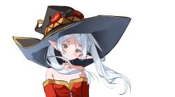 Rule 34 | 1girl, closed mouth, commentary, elf, english commentary, frieren, green eyes, hat, head tilt, highres, large hat, long hair, looking at viewer, megumin (cosplay), parted bangs, pointy ears, short eyebrows, sidelocks, simple background, smile, solo, sousou no frieren, sydus, thick eyebrows, twintails, upper body, white background, white hair, witch hat