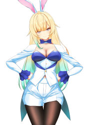 Rule 34 | 1girl, absurdres, aizawa ema, alternate costume, animal ears, blonde hair, blue bow, blue bowtie, blue bra, blue eyes, bow, bowtie, bra, breasts, brown pantyhose, choker, cleavage, cowboy shot, framed breasts, gradient hair, green hair, hands on own hips, head tilt, highres, jacket, large breasts, long hair, looking at viewer, multicolored eyes, multicolored hair, nouto, pantyhose, pantyhose under shorts, rabbit ears, shorts, simple background, smile, solo, underwear, very long hair, vest, virtual youtuber, vspo!, white background, white choker, white jacket, white shorts, white vest