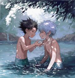 Rule 34 | 2boys, closed eyes, commentary, cowboy shot, facing another, from side, gon freecss, highres, hunter x hunter, kiko, killua zoldyck, male focus, male swimwear, multiple boys, open mouth, outdoors, partially submerged, scenery, short hair, swim trunks, topless male, tree, white hair