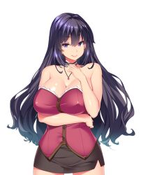 Rule 34 | 1girl, :&gt;, bare shoulders, breast hold, breasts, cleavage, closed mouth, cowboy shot, eyebrows hidden by hair, female focus, game cg, hair between eyes, hand up, large breasts, legs, long hair, looking at viewer, nonomiya rinka, original, pencil skirt, purple eyes, purple hair, shiokonbu, sister lesson, skirt, smile, solo, standing, strapless, tachi-e, thighs, transparent background