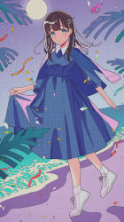 Rule 34 | 1girl, absurdres, anemone project, beach, blue eyes, breasts, brown hair, closed mouth, coat, coat on shoulders, collared dress, dress, full body, full moon, highres, ichizou, long hair, looking at viewer, moon, moroboshi tsukina, night, ocean, shoes, shore, skirt hold, small breasts, solo, standing, standing on one leg, virtual youtuber, water