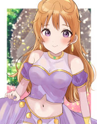 Rule 34 | 1girl, absurdres, artist name, artist request, blush, bracelet, breasts, brown hair, butterfly (love live!), choker, cleavage, close-up, clothing cutout, collarbone, cropped shirt, crown, detached sleeves, double bun, dress, dress shirt, earrings, female focus, gold bracelet, hair between eyes, hair bun, hair rings, harem outfit, highres, holding, holding clothes, holding skirt, jewelry, konoe kanata, long hair, looking at viewer, love live!, love live! nijigasaki high school idol club, love live! school idol festival, medium breasts, nail, nail polish, navel, outdoors, parted lips, pink nails, puffy short sleeves, puffy sleeves, purple eyes, purple shirt, purple shorts, shirt, short sleeves, shorts, shoulder cutout, skirt, smile, solo, sunya (honorin-yuunibo), sunya (honorin megumin), sunya (pixiv17390904), two side up, yellow bracelet, yellow choker
