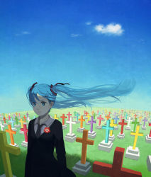 Rule 34 | 1girl, aqua hair, arms at sides, black necktie, blouse, cloud, collared shirt, day, eyelashes, formal, grave, graveyard, hatsune miku, kb, kirobaito, necktie, outdoors, saihate (vocaloid), shirt, sky, solo, suit, twintails, vocaloid, white shirt