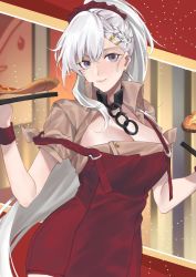 Rule 34 | 1girl, apron, azur lane, bad id, bad pixiv id, beige shirt, belfast (azur lane), belfast (piping-hot perfection) (azur lane), blue eyes, braid, breasts, broken, broken chain, chain, chain, cleavage, earrings, food, french braid, hair ornament, hair scrunchie, highres, holding, holding food, holding pizza, jewelry, karen ngao, large breasts, long hair, low neckline, pepperoni, pizza, red apron, red scrunchie, scrunchie, solo, very long hair, white hair