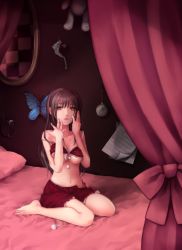 Rule 34 | 1girl, bad id, bad pixiv id, barefoot, bed, bra, brown eyes, brown hair, bug, butterfly, feet, insect, legs, lingerie, lips, long hair, lovepayon, original, solo, strap slip, underwear, yu (lovepayon)