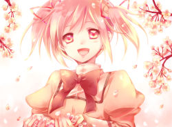 Rule 34 | 10s, 1girl, arms up, bad id, bad pixiv id, bow, cherry blossoms, hair ribbon, highres, kaname madoka, mahou shoujo madoka magica, mahou shoujo madoka magica (anime), open mouth, petals, pink eyes, pink hair, ribbon, school uniform, smile, solo, twig, twintails, upper body, yamada ako