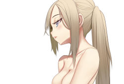 Rule 34 | 1girl, bad id, bad pixiv id, blue eyes, breasts, brown hair, censored, female focus, highres, long hair, original, out-of-frame censoring, profile, solo, topless frame, upper body, white background, yilan