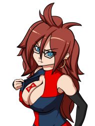 Rule 34 | 1girl, android 21, bare shoulders, blue eyes, boscosden (artist), breasts, brown hair, cleavage, cleavage cutout, clothing cutout, curly hair, detached sleeves, dragon ball, dragon ball fighterz, earrings, covered erect nipples, glasses, highres, jewelry, large breasts, long hair, looking at viewer, nail polish, parted lips, simple background, smile, solo, upper body, white background
