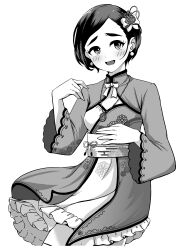 Rule 34 | 1girl, :d, absurdres, black hair, blush, bow, breasts, earrings, greyscale, hair ornament, hand up, highres, idolmaster, idolmaster cinderella girls, japanese clothes, jewelry, looking at viewer, matsuo chizuru, monochrome, necklace, open mouth, short hair, sitting, small breasts, smile, solo, sonakao, wide sleeves