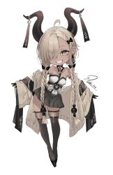 Rule 34 | 1girl, artist name, azur lane, bare shoulders, black bow, black horns, black skirt, black thighhighs, blonde hair, bow, braid, breasts, chibi, cleavage, commentary, dark-skinned female, dark skin, dishwasher1910, full body, hair bow, hair over one eye, horns, long hair, looking at viewer, medium breasts, mole, mole under mouth, owari (azur lane), simple background, skirt, smile, solo, standing, thighhighs, twin braids, white background, yellow eyes